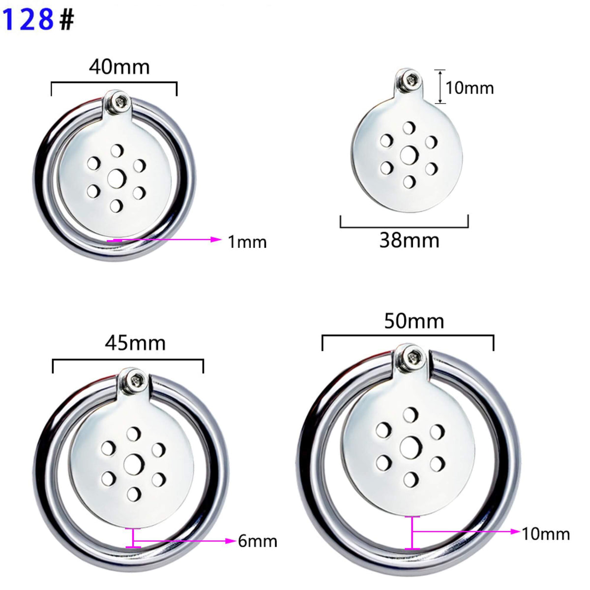 Maßübersicht Modell 128# mit Ringgrößen 40, 45 und 50 mm