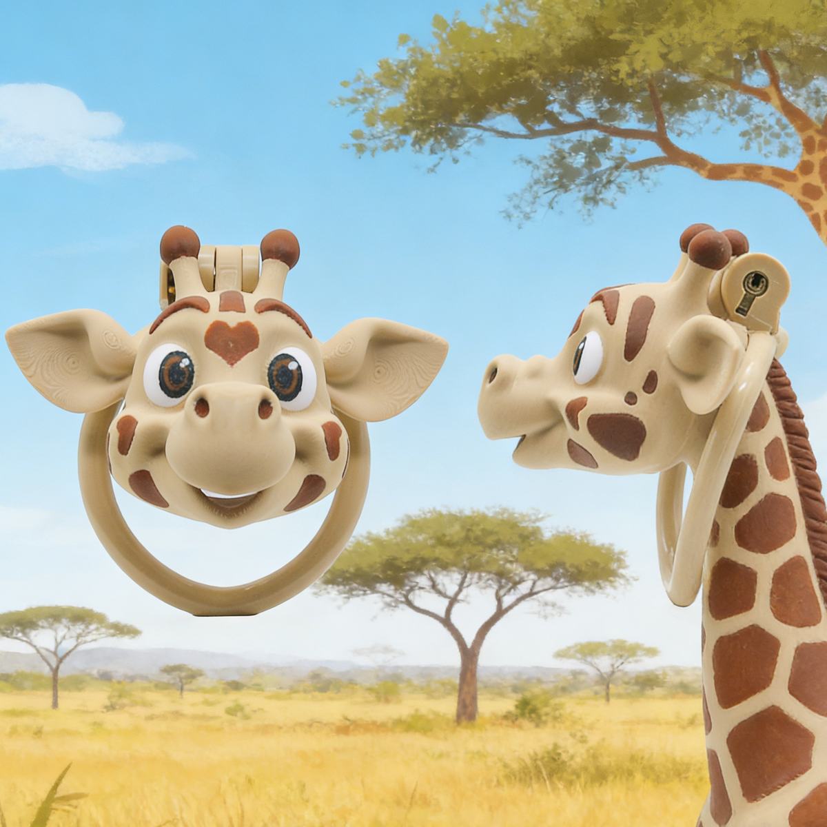 Giraffenfront vor dekorativem Savannenhintergrund