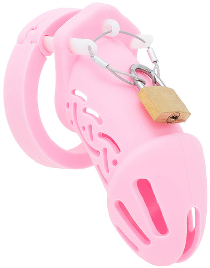 Langer pinker Silikonkäfig mit Messingschloss