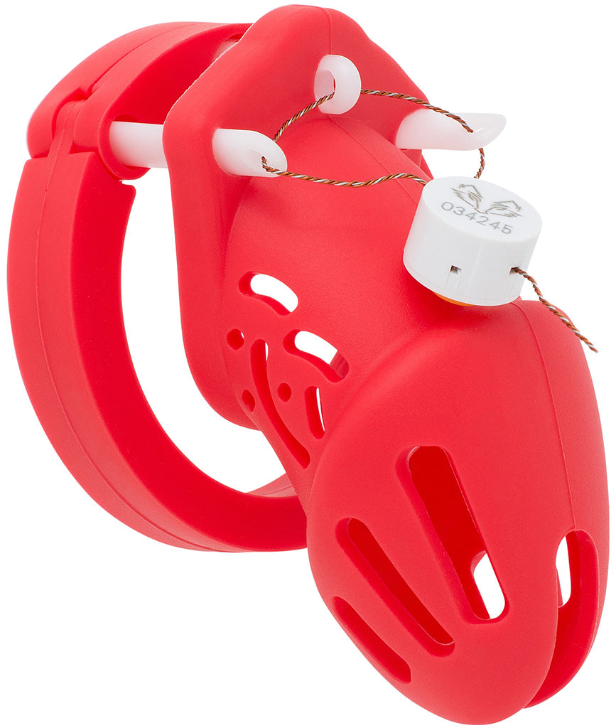 Kurzer roter Käfig mit nummerierter Plombe