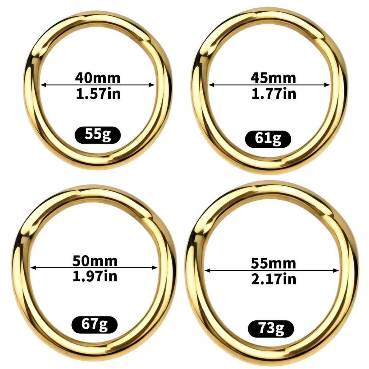 Größen und Gewichte der goldfarbenen Ringe
