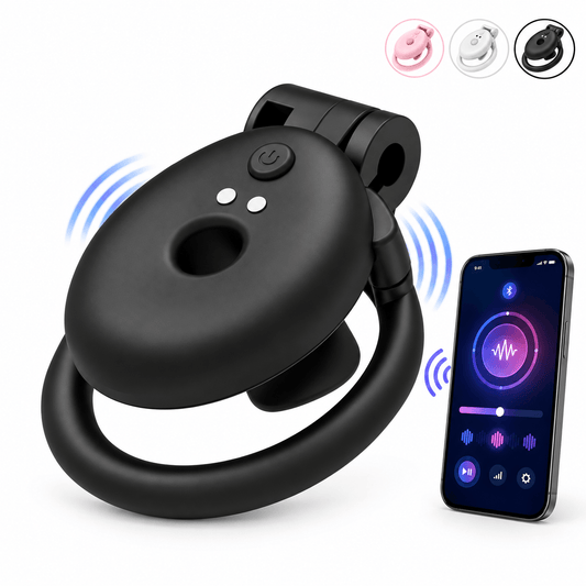 Schwarzer Vibrationskäfig mit App-Darstellung