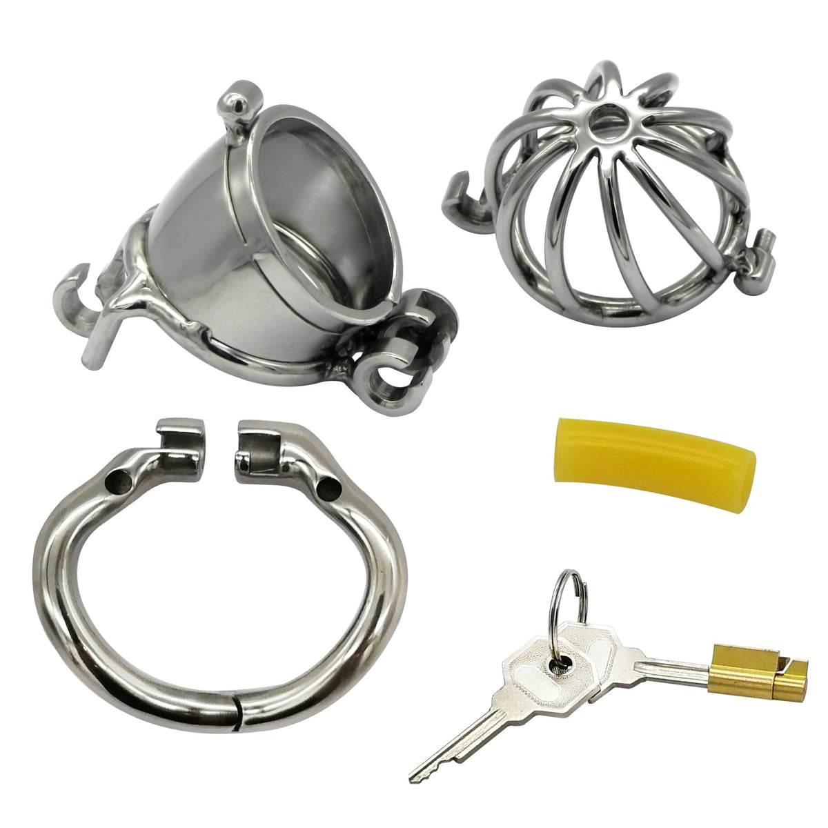 Zerlegte Baugruppe mit Hülse, Kappe, Ring und Schlüssel