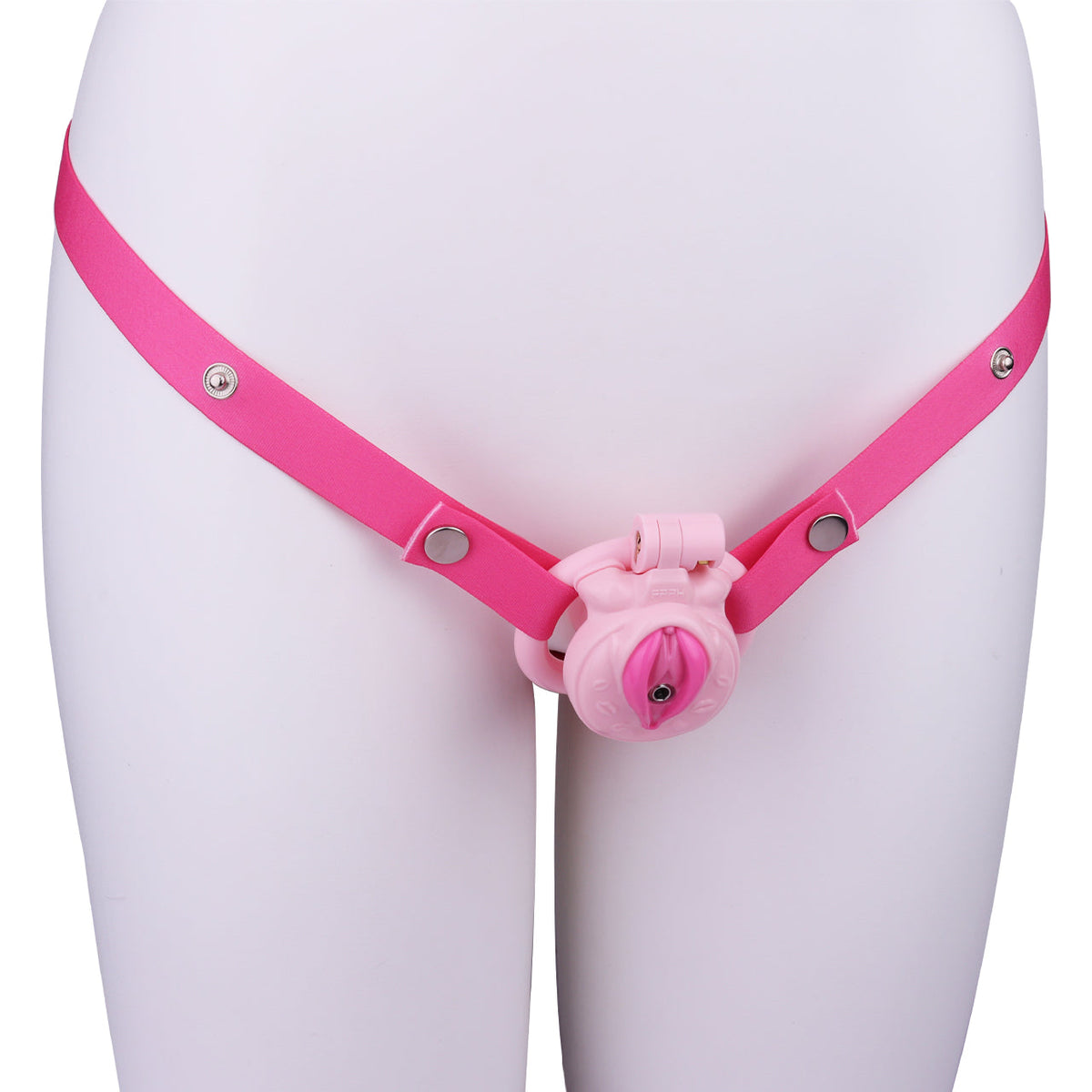 Pinker Käfig mit Gurt von vorne am Modell