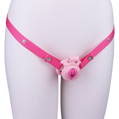 Pinker Käfig mit Gurt von vorne am Modell