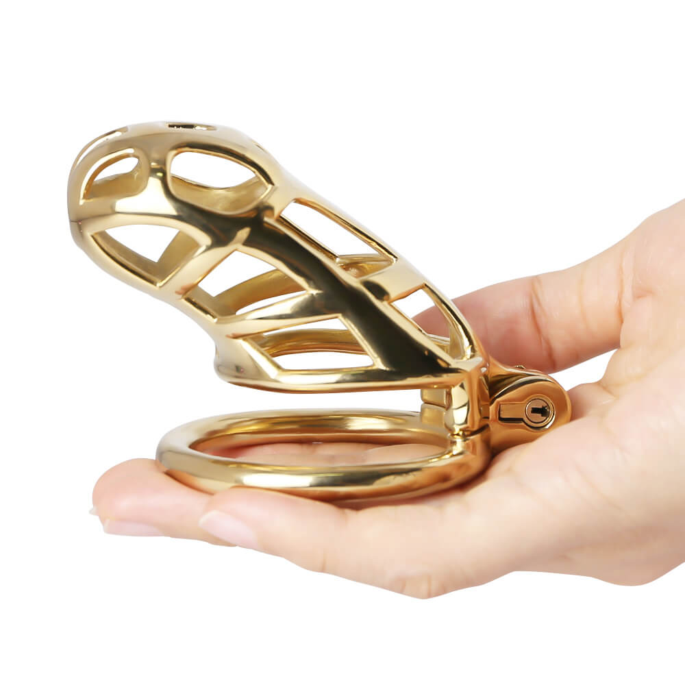 Goldfarbener Käfig im Seitenprofil in der Hand