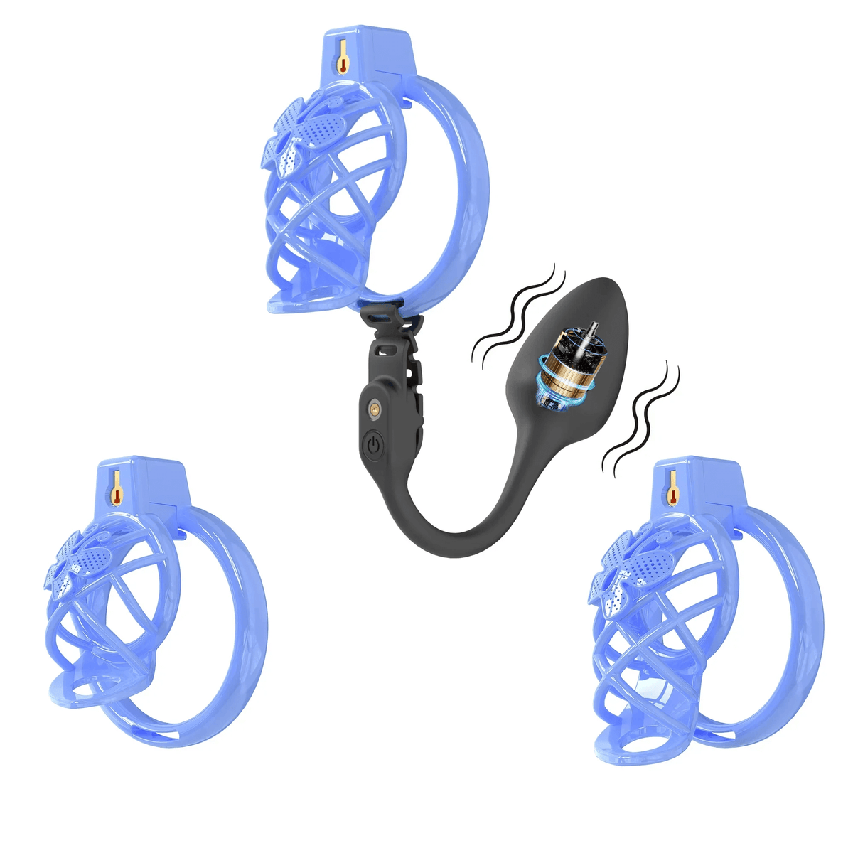 Blauer Käfig mit schwarzem Plug