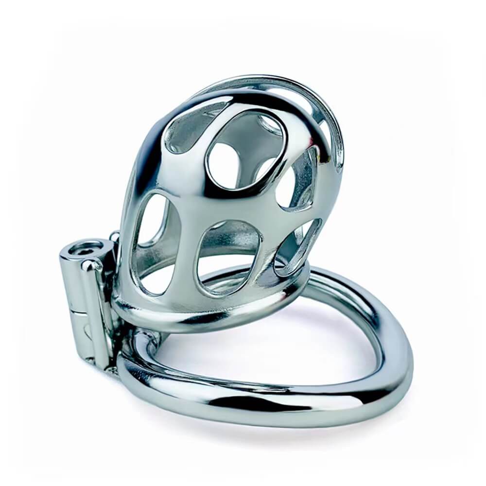 Edelstahl-Peniskäfig mit konturiertem Ring aus der gegenüberliegenden Seitenansicht