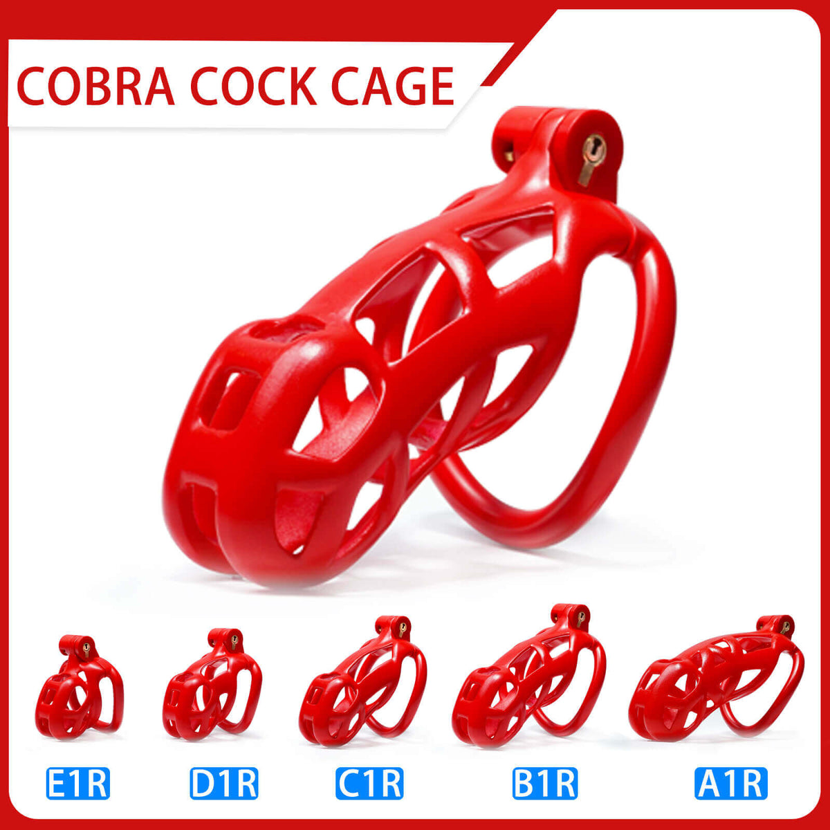 Rotes Cobra-Peniskäfig-Set mit Übersicht der fünf Käfiglängen