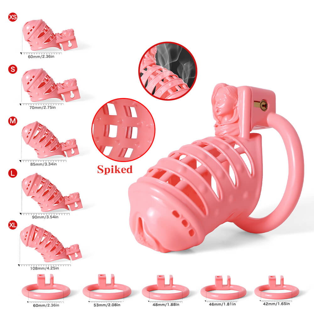 Pinker Sissy Spiked mit Übersicht der Käfig- und Ringgrößen