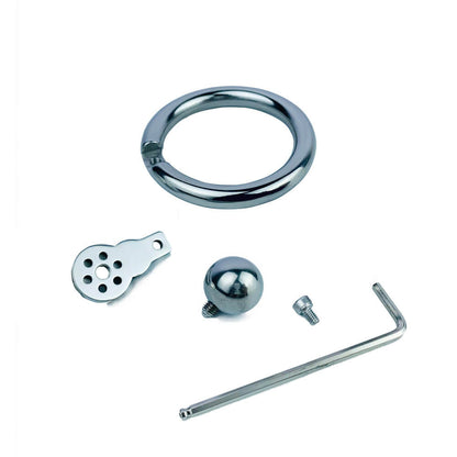 Zerlegter Käfig mit Ring, Platte, Kugel, Schraube und Werkzeug