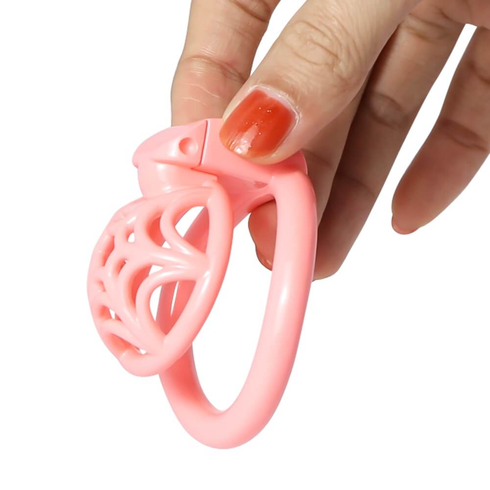 Pinker Käfig mit Steckschloss in der Hand