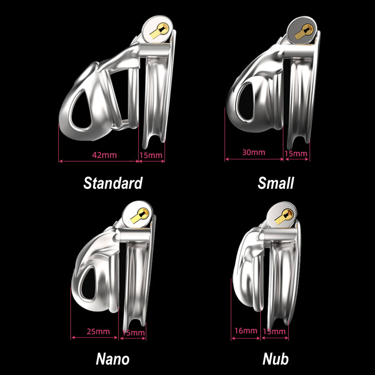 Vergleich der seitlichen Maße von Standard, Klein, Nano und Nub