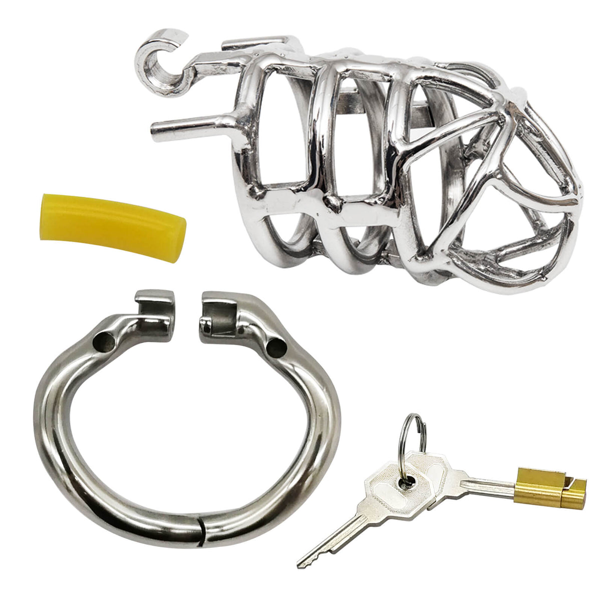 Einzelteile mit Käfig, Ring, Auflage und Schlüsseln