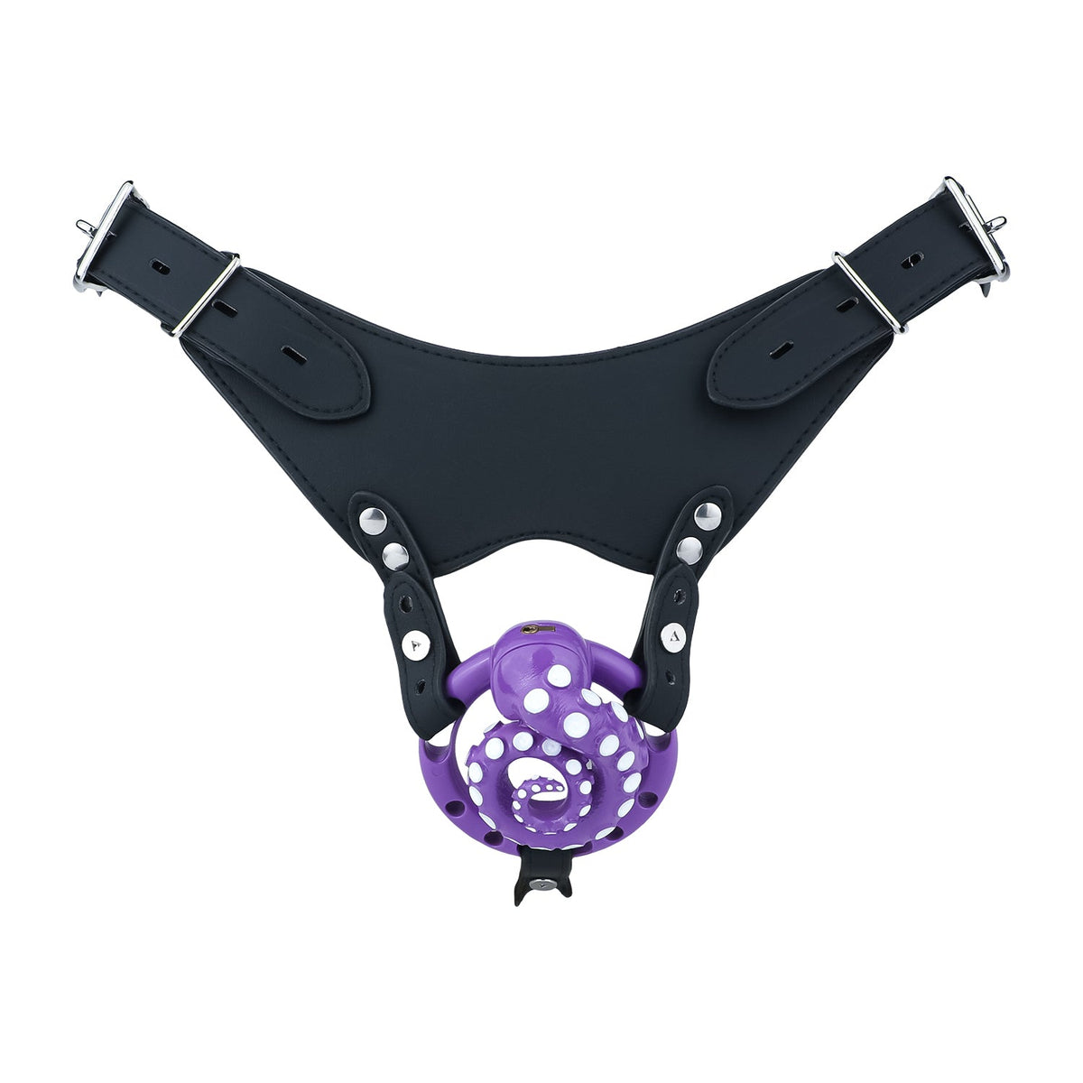 Violette Hülle am schwarzen Haltegurt