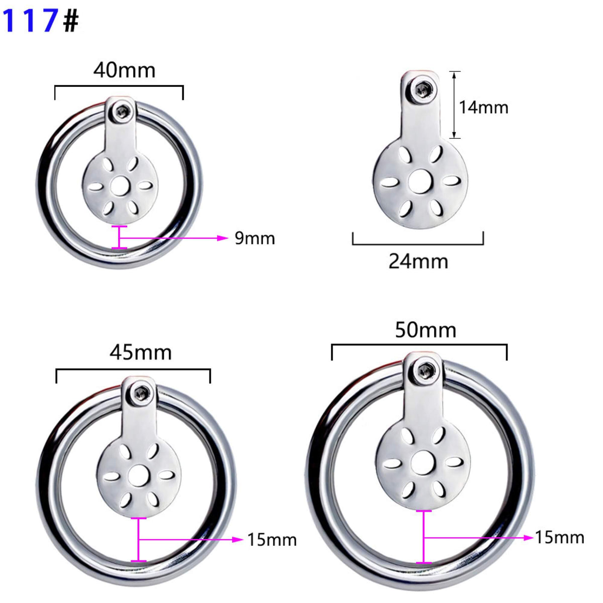 Maßübersicht Modell 117# mit Ringgrößen 40, 45 und 50 mm