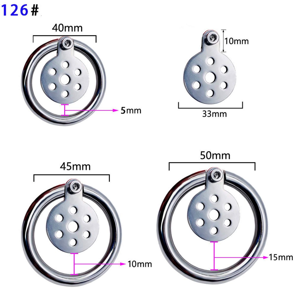 Maßübersicht Modell 126# mit Ringgrößen 40, 45 und 50 mm