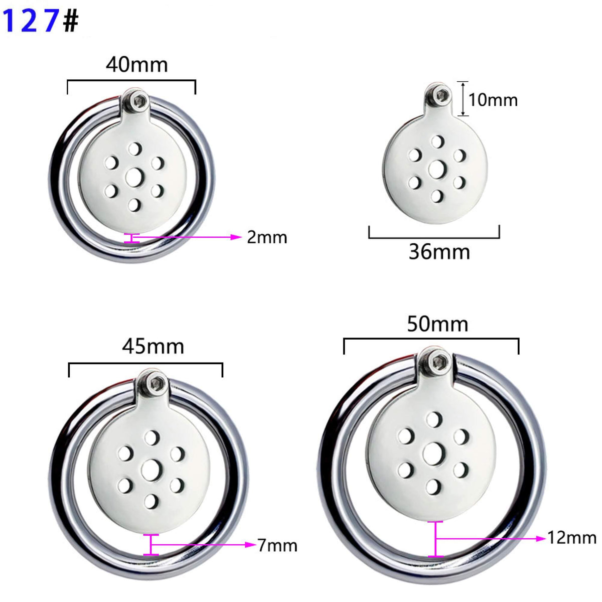 Maßübersicht Modell 127# mit Ringgrößen 40, 45 und 50 mm
